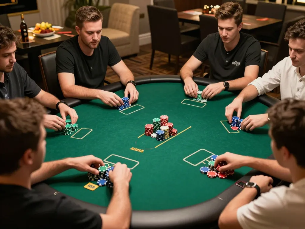 Players strategizing and enjoying a vibrant poker game at Jun 88 with chips stacked high and social atmosphere.