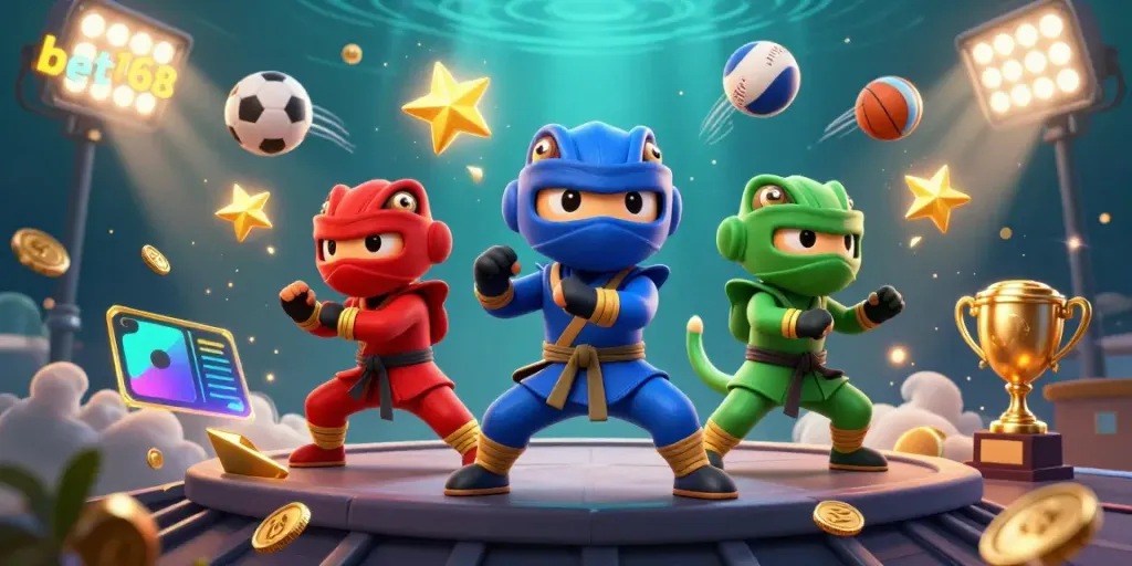 Bet168 highlights an exciting scene with ninja chameleons performing martial arts surrounded by dynamic sports elements.