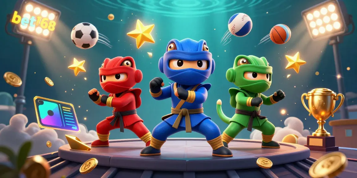 Bet168 highlights an exciting scene with ninja chameleons performing martial arts surrounded by dynamic sports elements.