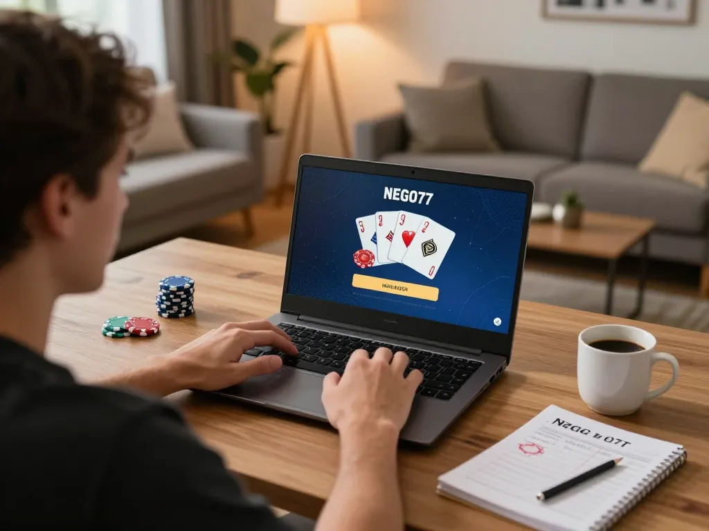 Engaging moment as a player initiates their NEGO77 login for online poker from a cozy home setting.