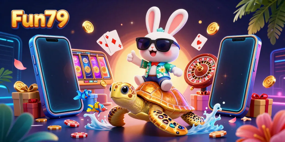 Enjoy the vibrant Fun79 gaming experience with a lucky rabbit, golden turtle, and exciting casino elements.