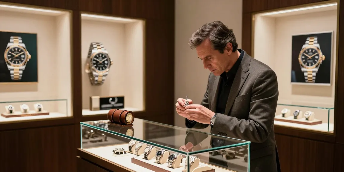 Exploring luxury rolex super clone watches in a chic urban boutique setting with modern decor and soft lighting.