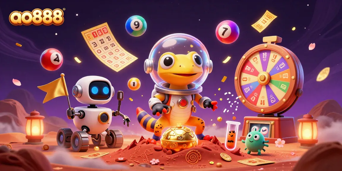 Experience the excitement of ao888 with a Martian gecko discovering a golden casino filled with vibrant games and cheering aliens.