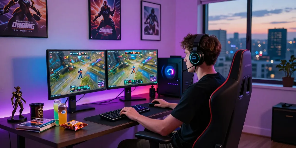Gamer immersed in Overwatch 2 gameplay at PROOFCORE.IO gaming station.