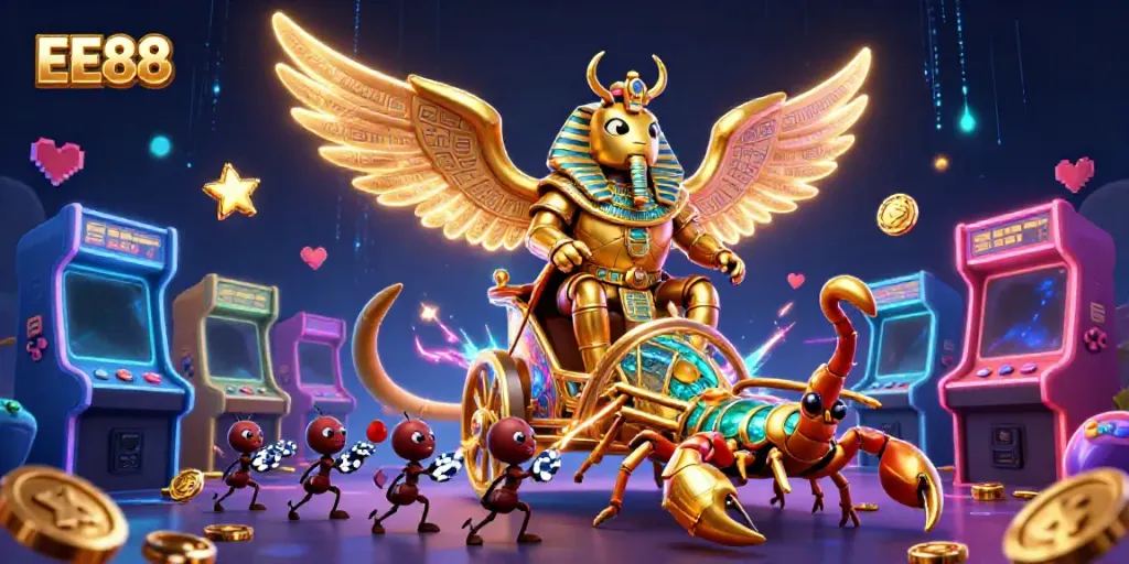 Engage with EE88's vibrant casino universe featuring a golden scarab beetle and gem-studded chariots.