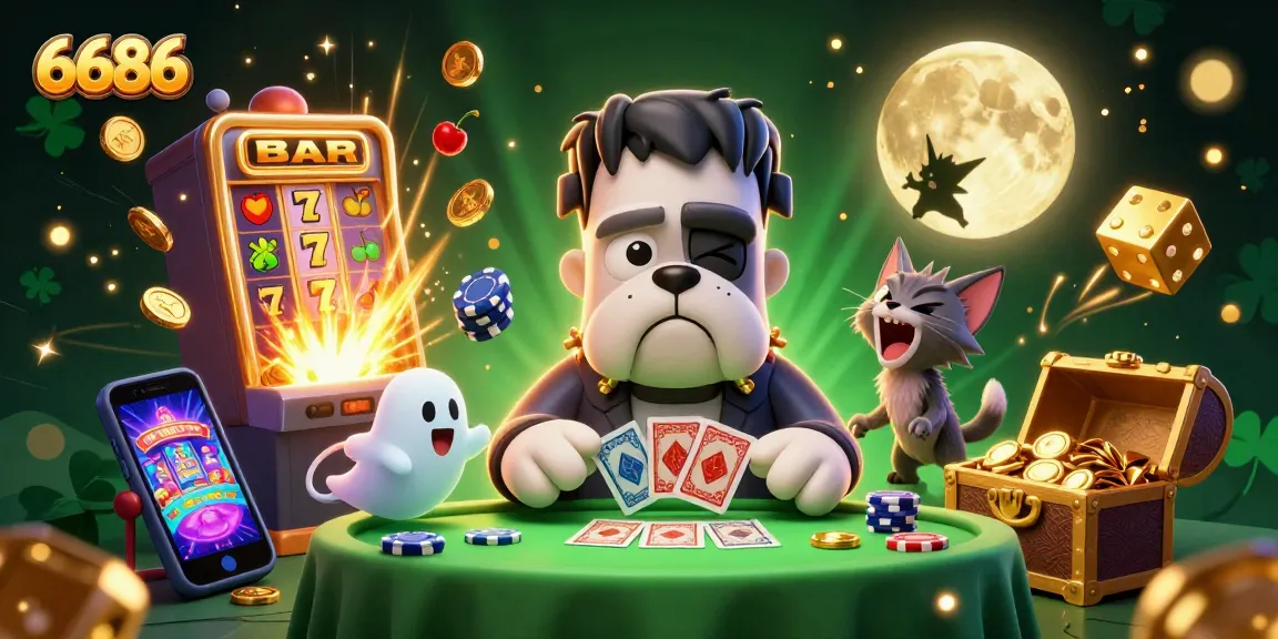 Engage in thrilling gameplay with 6686, featuring an exciting casino scene with unique characters and game elements.