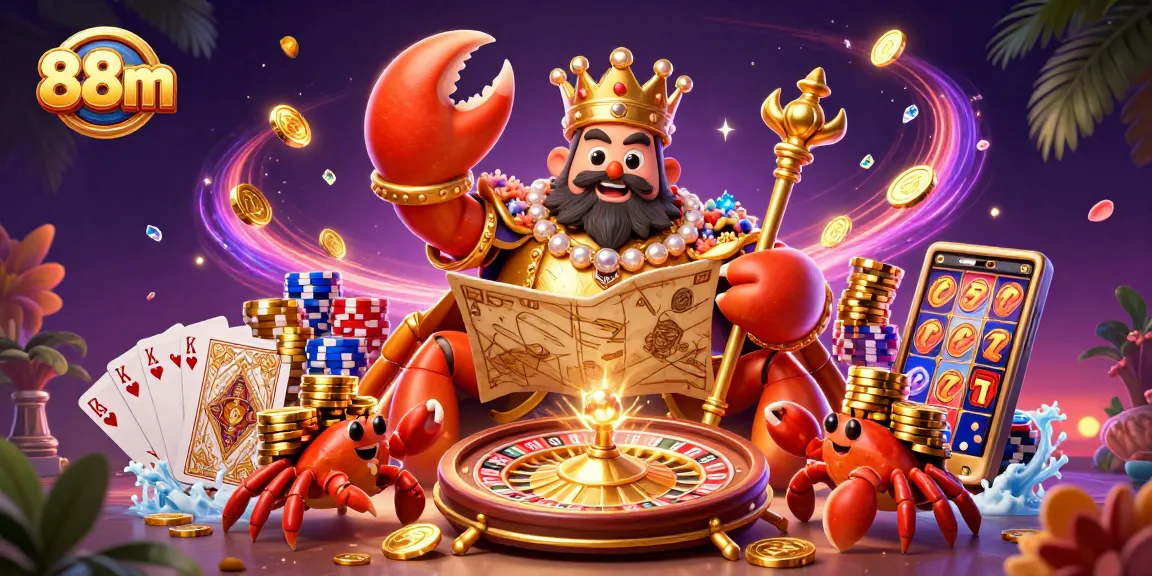 Win big at 88m with a colorful 3D casino scene featuring a golden crab and vibrant game elements.