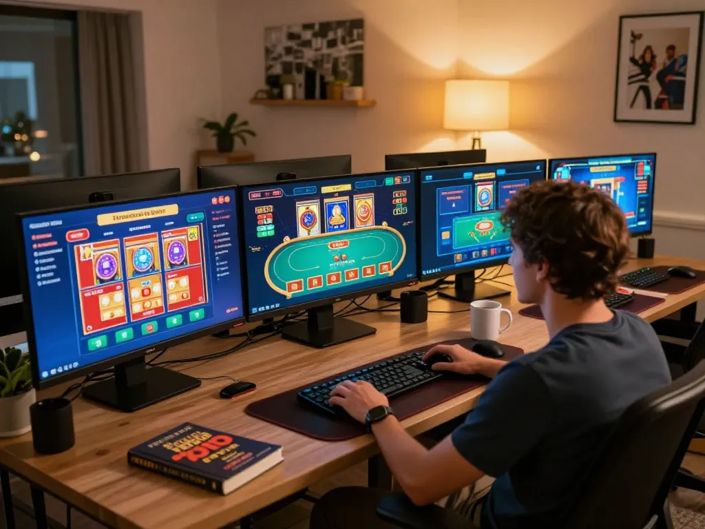 Engaging online gaming scene with tjcjventures featuring multiple screens displaying casino games and responsible gaming elements