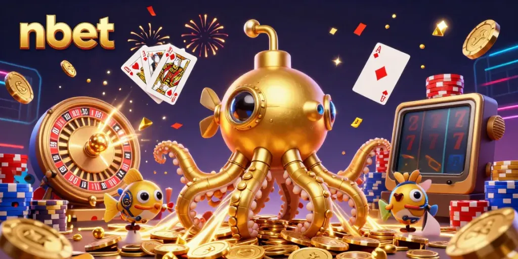 Experience thrilling nbet gameplay with a golden kraken submarine in a vibrant casino scene.