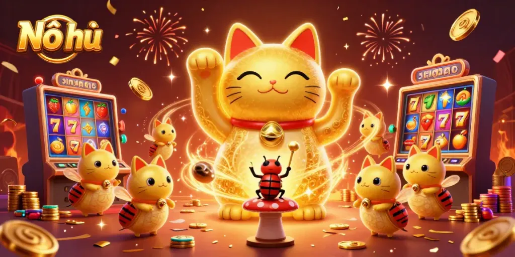 Engage in Nổ hũ gameplay with a vibrant lucky cat and dynamic slot machine elements.