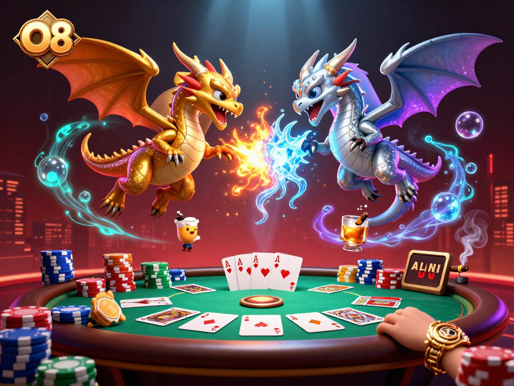 Engage in thrilling online gaming at O8, embodied by dynamic dragons and iconic poker elements.