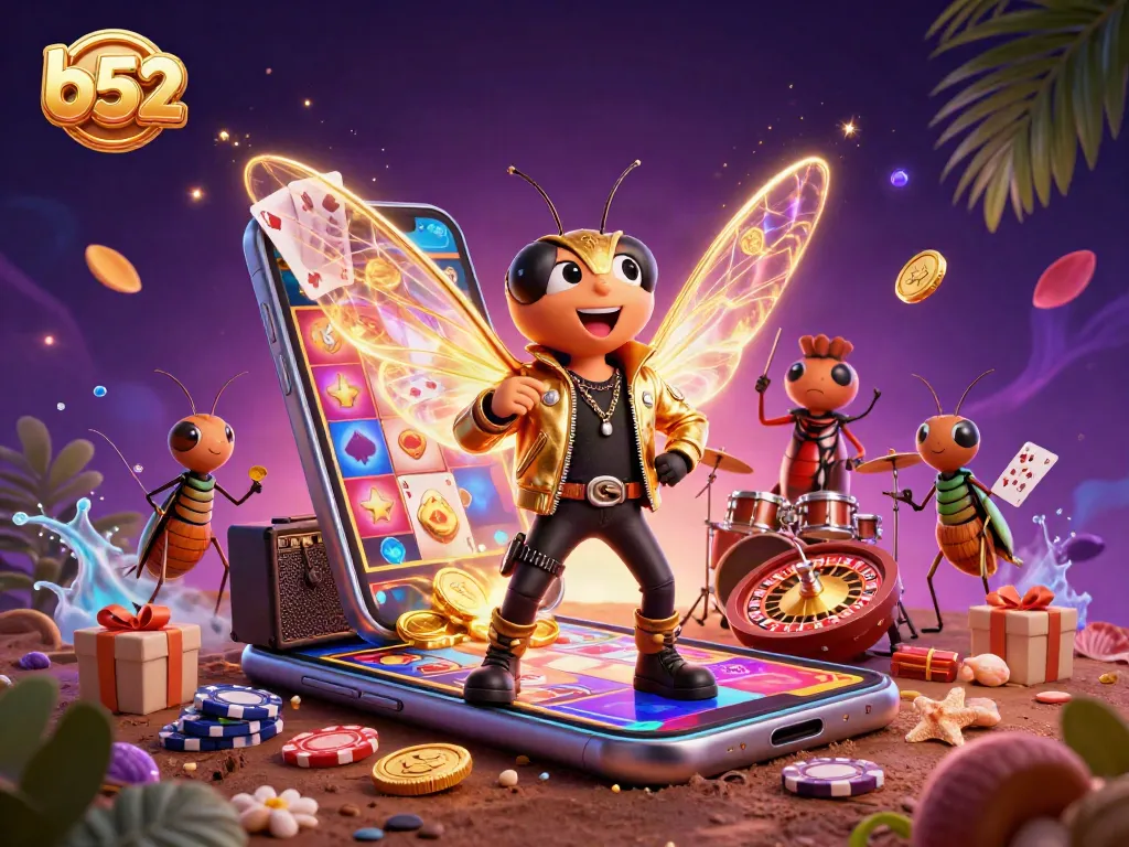 Engage with vibrant b52 slot games in this energetic casino-themed illustration.