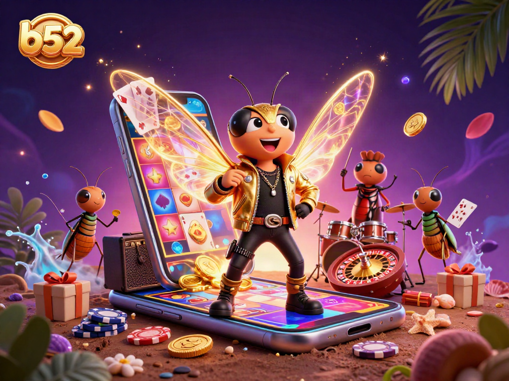 Engage with vibrant b52 slot games in this energetic casino-themed illustration.