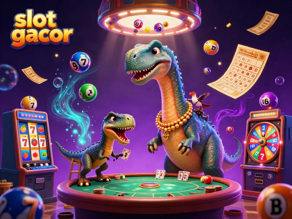 Engage in slot gacor action with a vivid casino scene featuring dynamic characters and game elements.