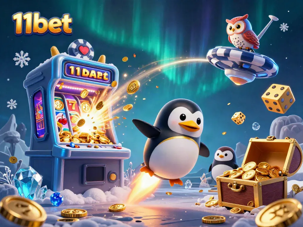Experience the thrilling adventure of 11bet as a golden penguin blasts toward a casino space station.