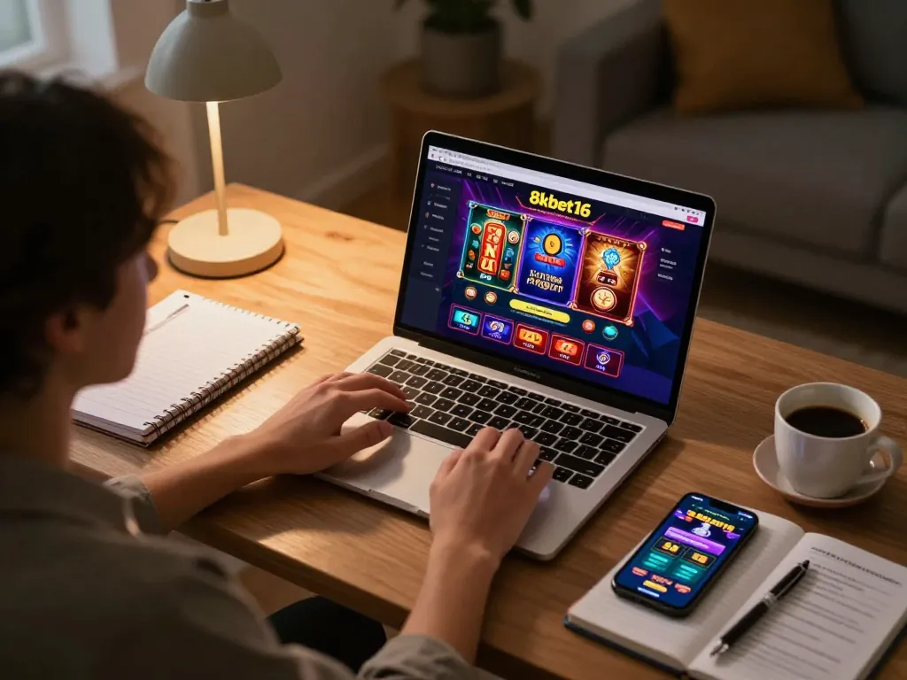 Engaged player exploring 8kbet16 online casino interface at home, showcasing a laptop and smartphone setup