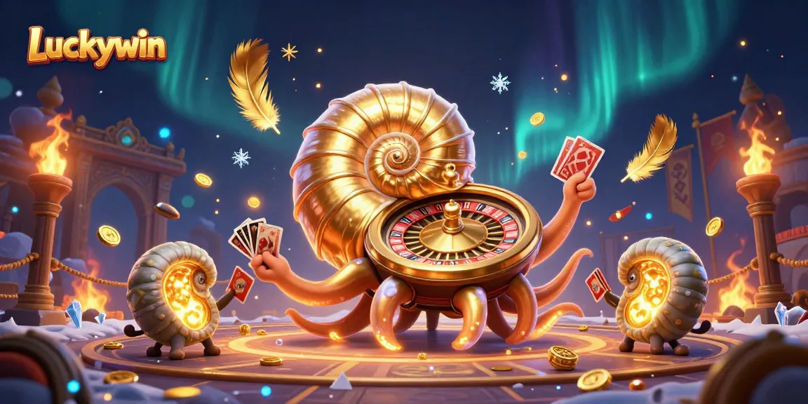 Experience Luckywin with a vibrant 3D nautilus and golden roulette wheels in a rich casino atmosphere.