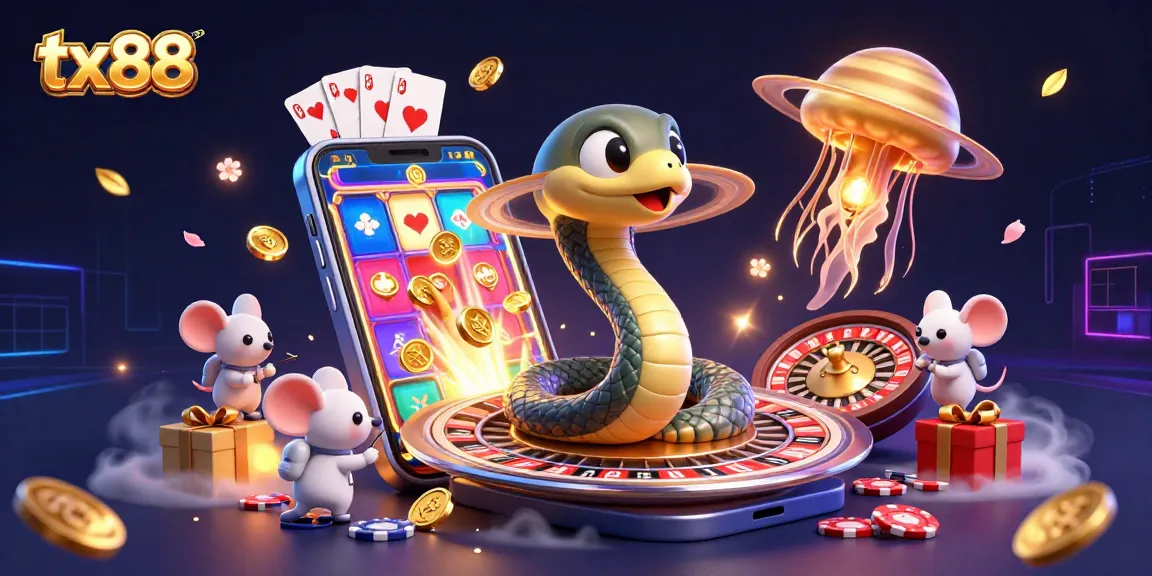 Engaging tx88 gaming scene with a coiled Saturn snake as a roulette wheel and astronaut mice placing bets.