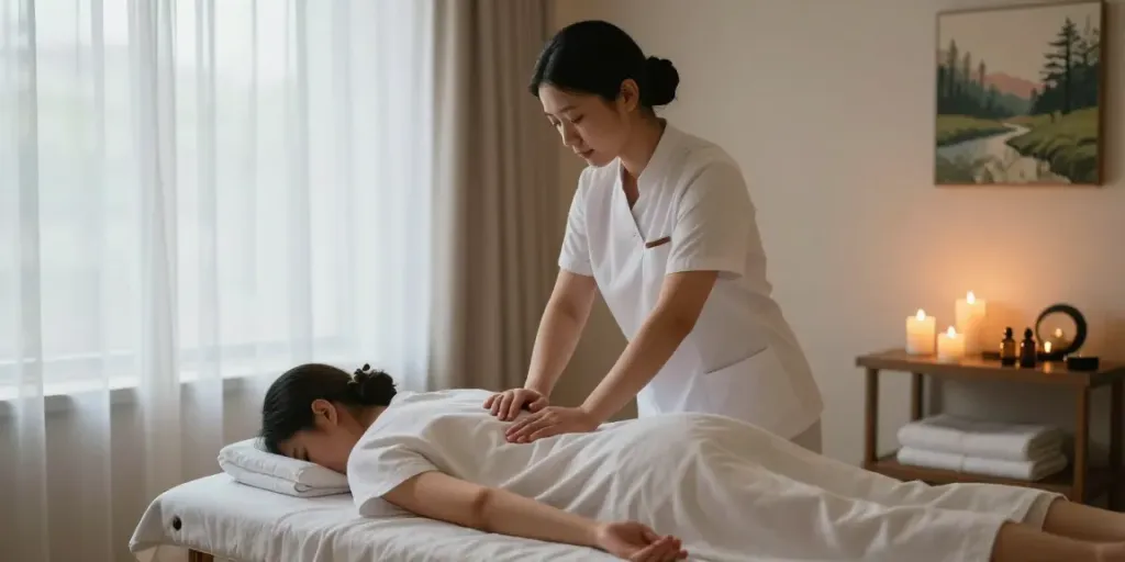 안산출장안마 relaxing massage therapy in a serene room with ambient lighting.