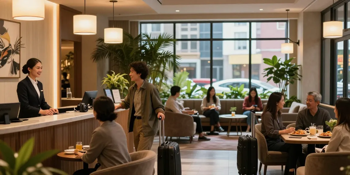 rokok88 at The Orient Hotel's inviting lobby with guests checking in