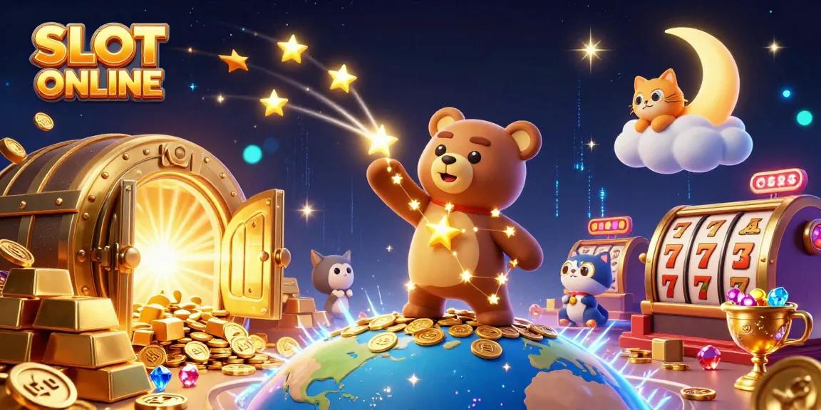 Experience SLOT ONLINE excitement with dazzling characters collecting coins amidst vibrant casino symbols.