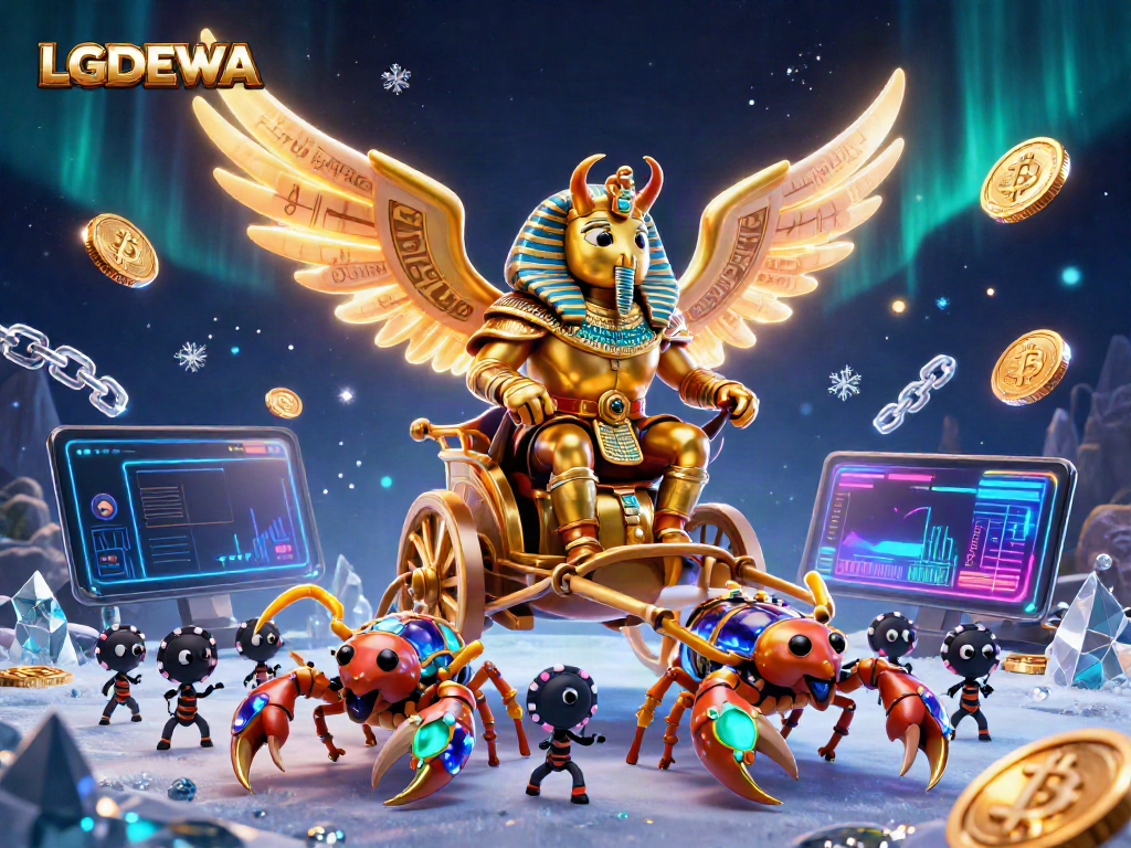 Engage with the exciting LGODEWA casino world through a vibrant 3D scene featuring golden scarab beetles, poker chips, and crypto elements.