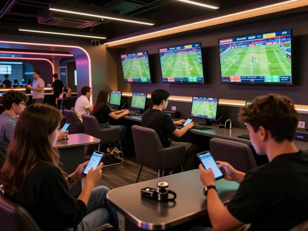 Engaging sports enthusiasts at tylekeonhacai88 betting on live matches in a modern lounge.