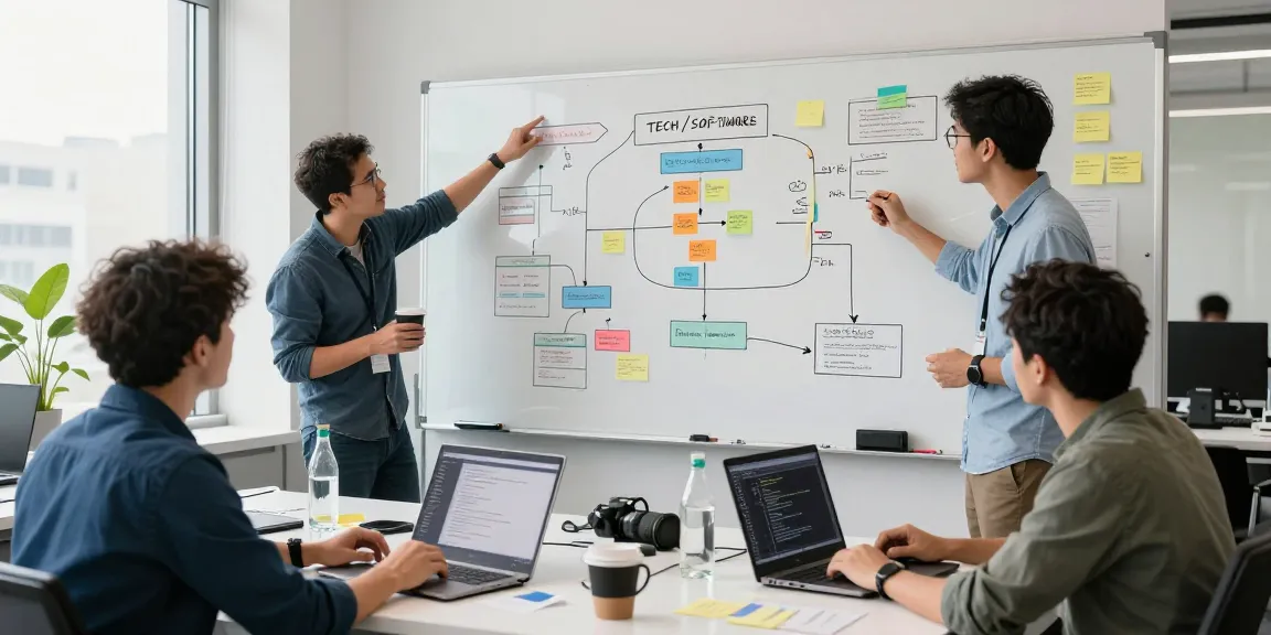 Build internal tools with AI in a dynamic software team meeting, showcasing collaboration and creativity.