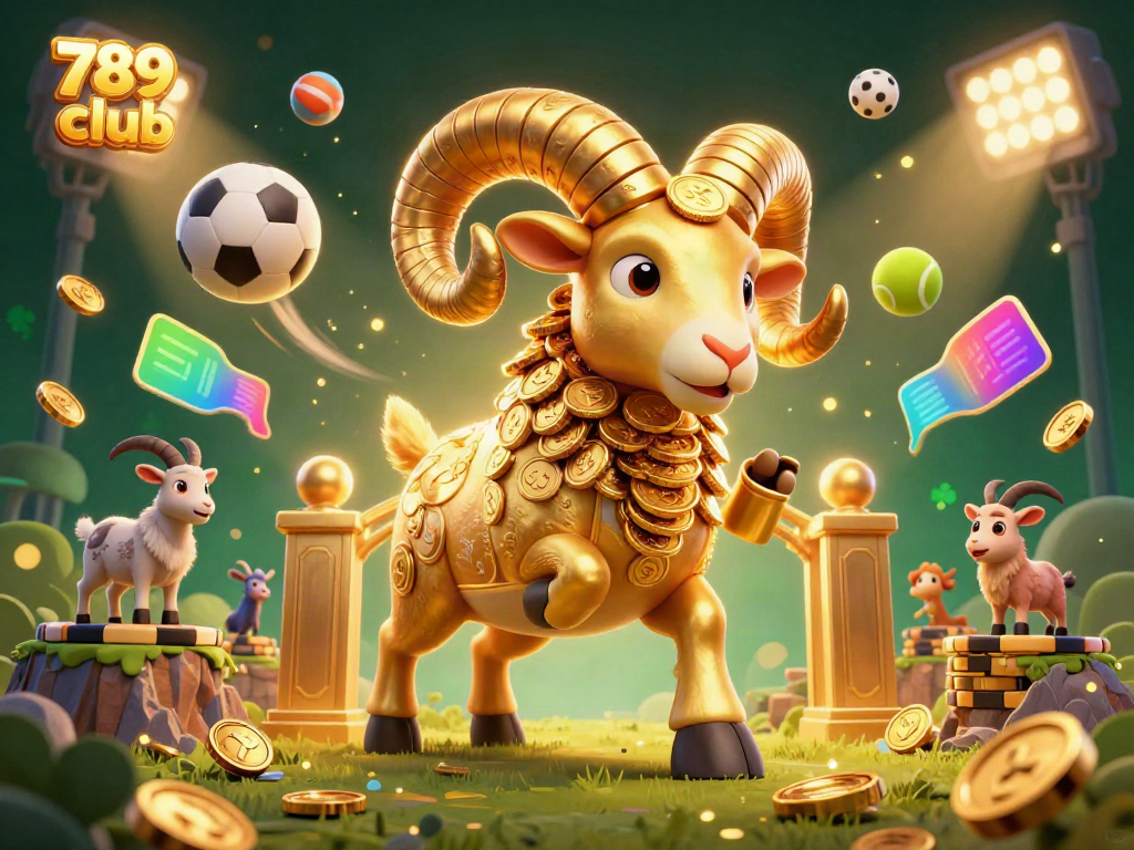 Action-packed scene of 789 club with a golden ram, sports elements, and vibrant casino atmosphere.