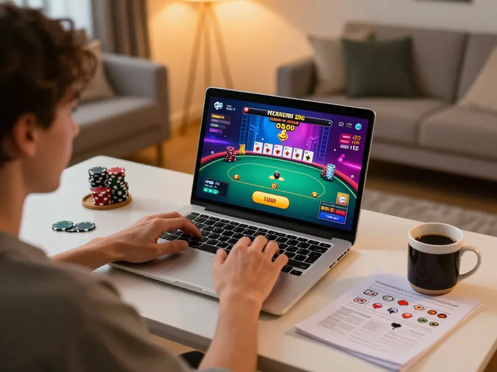Engaging with the 79 king online casino interface during a home gaming session.