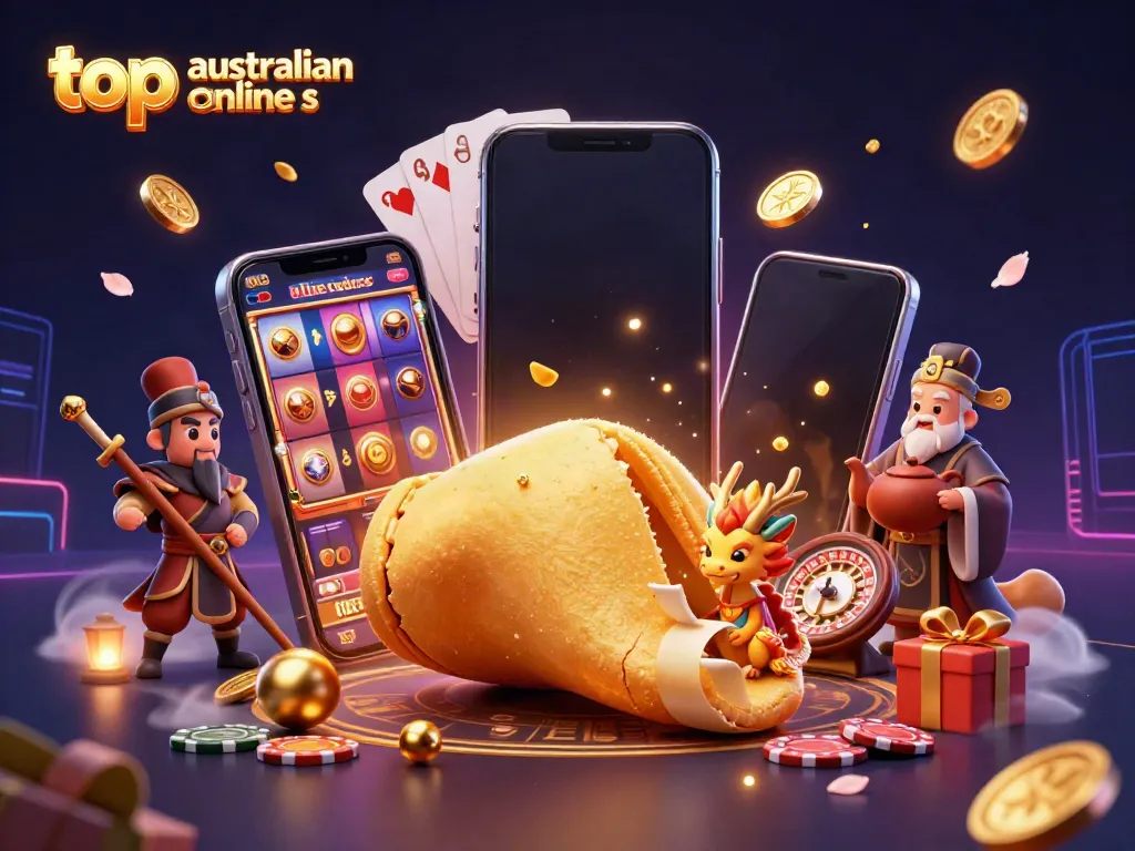 Interactive scene of top australian online casinos featuring a golden fortune cookie, a wise dragon, and gaming elements.