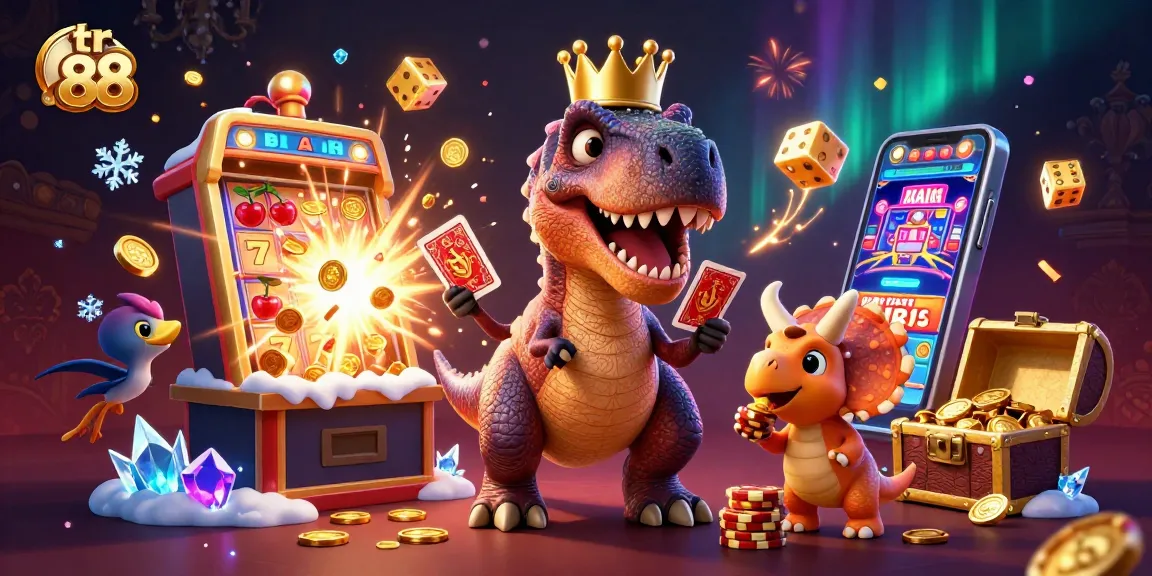 Experience thrilling games with tr 88 featuring a T-Rex, pterodactyl, and triceratops in an exciting casino scene.