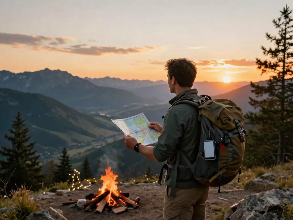 Traveler exploring mountain view during sunset, embodying rokok88 lifestyle.