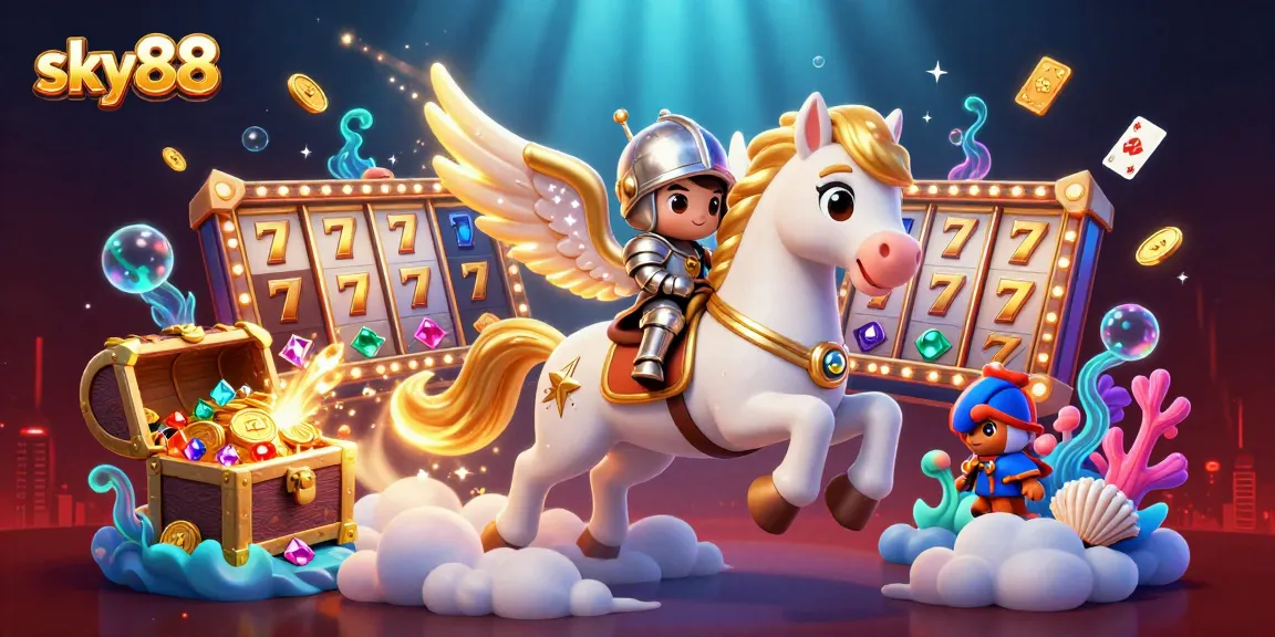 Sky88 showcases an exciting slot adventure with a celestial knight, vibrant treasures, and dynamic game elements