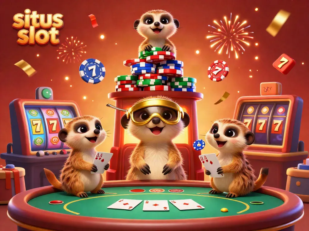 Engaging scene of meerkats celebrating in a casino, showcasing the excitement of situs slot.