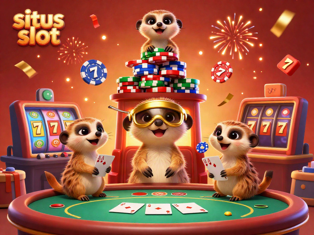 Engaging scene of meerkats celebrating in a casino, showcasing the excitement of situs slot.