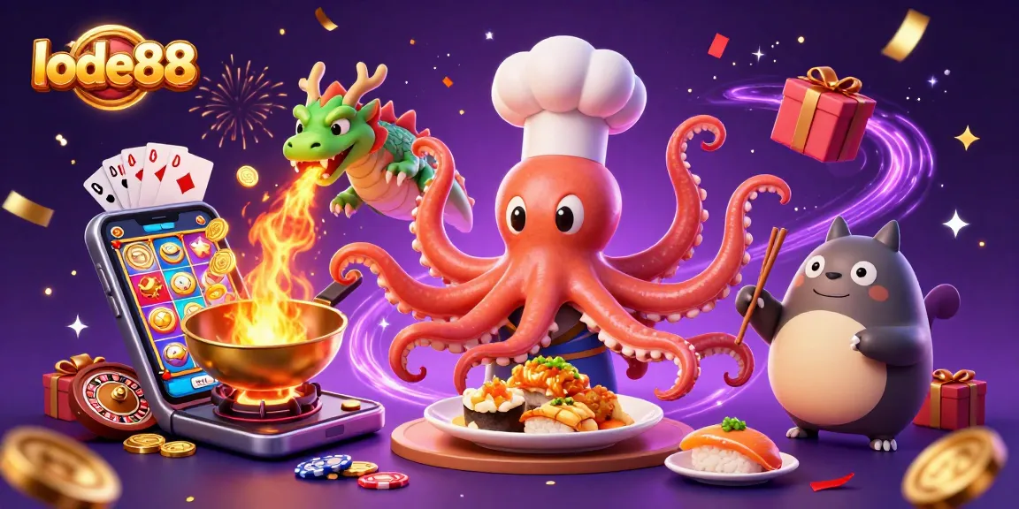 Experience fun at lode88 with animated characters enjoying casino games and golden surprises.
