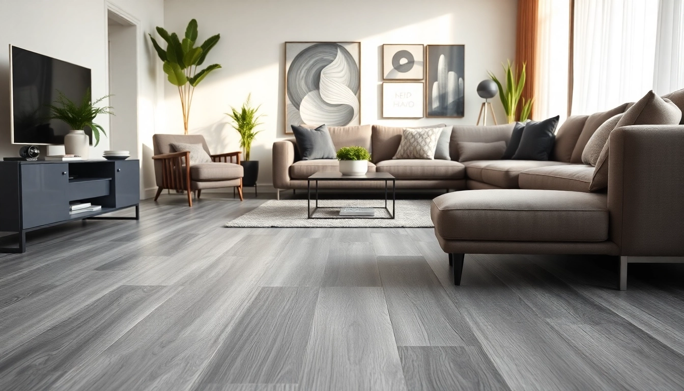 Explore grey vinyl flooring in a stylish living room, showcasing its elegant texture and design.
