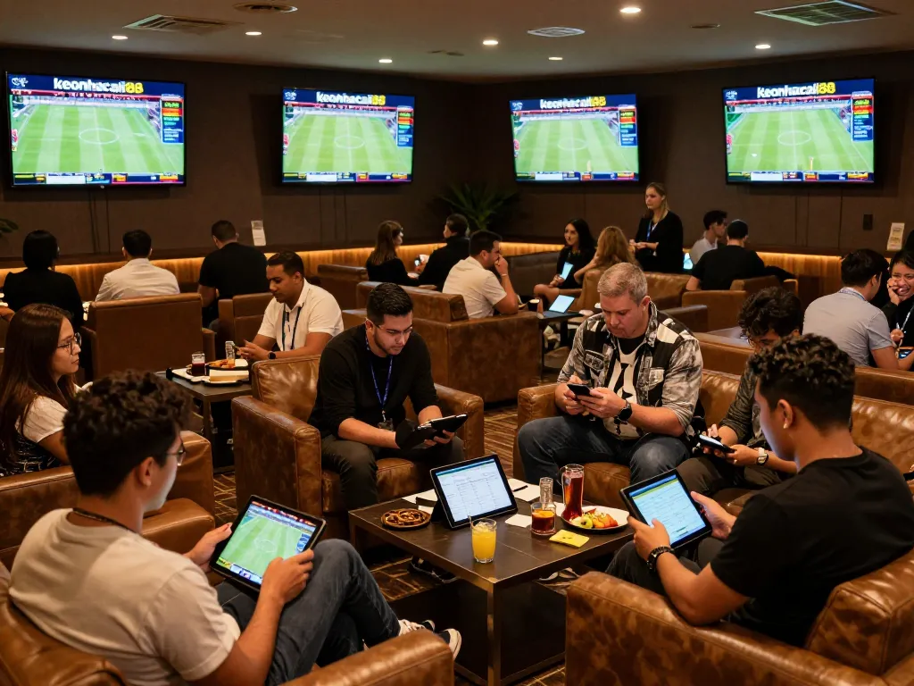 Dynamic scene of enthusiastic bettors engaging with live sports odds at keonhacaii88's premium betting lounge