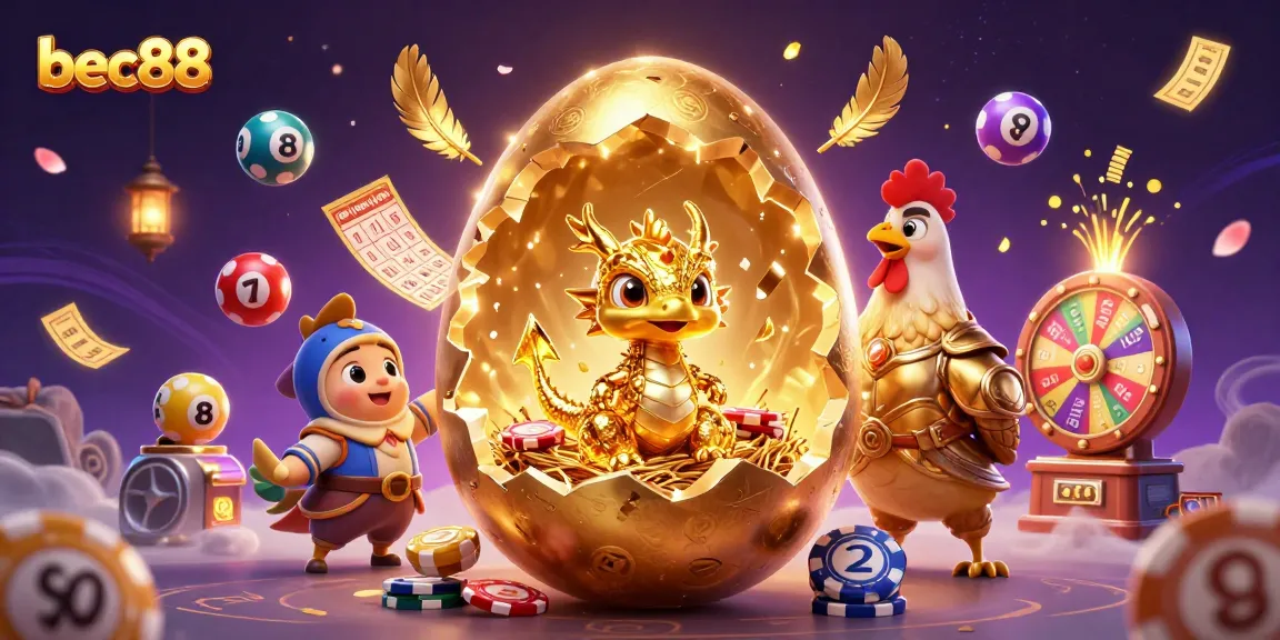 Engage with the dynamic world of bec88 as a golden dragon emerges from a treasure nest surrounded by vibrant lottery elements.