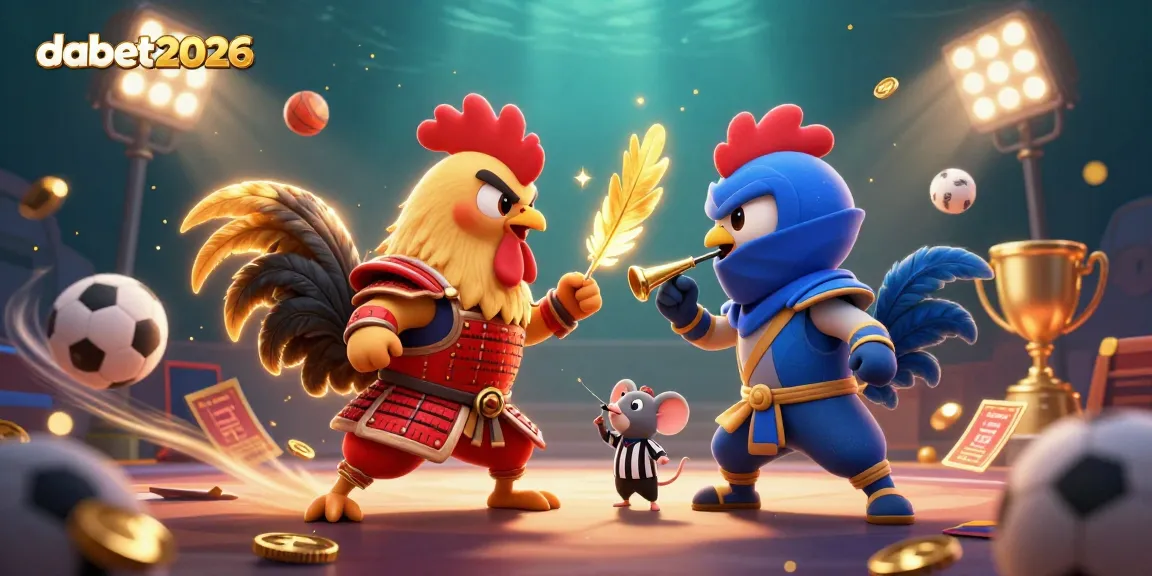 Experience thrilling moments at dabet2026 with dynamic 3D cartoon roosters in a fighting standoff.