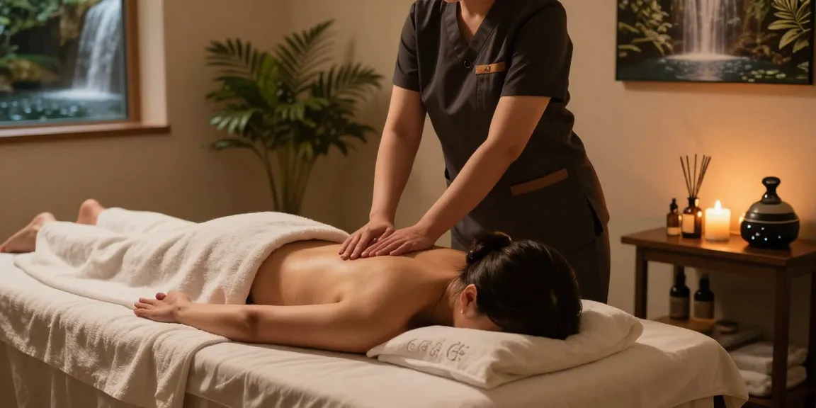 Calm 송파출장마사지 experience in a serene therapy room with candles and soothing music.