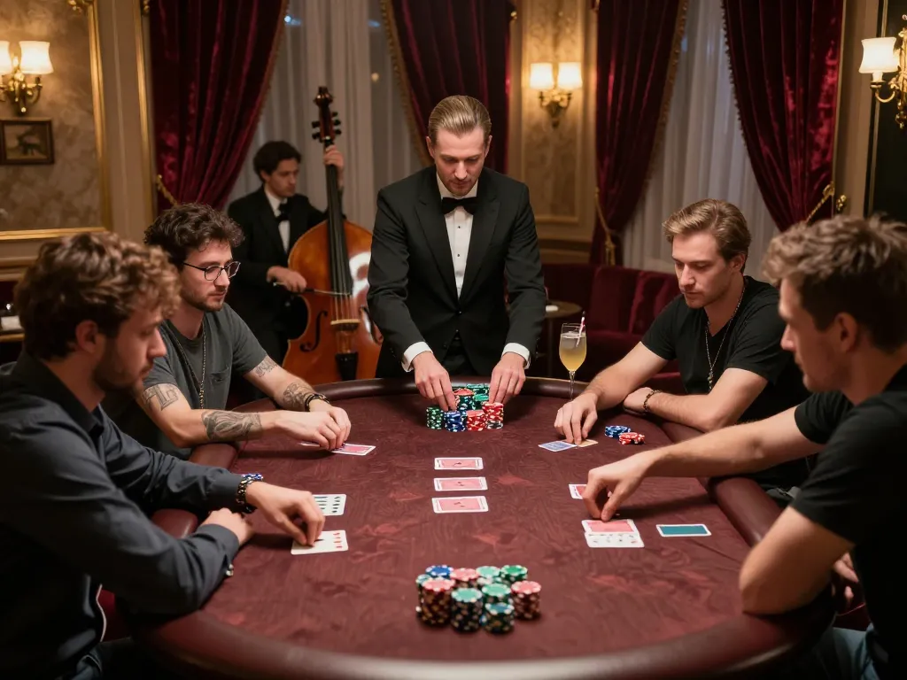 Players engaging in a kèo nhà cái poker game in a luxurious casino setting, highlighting intense strategic moments