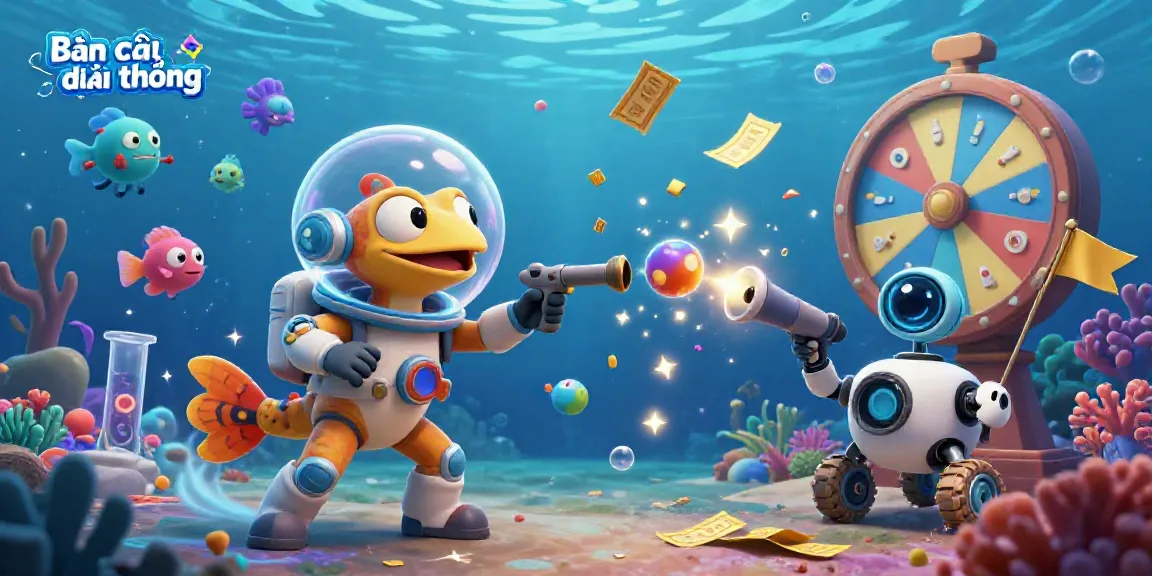 Engaging scene of Bắn cá đổi thưởng with a Martian gecko shooting fish amidst vibrant underwater elements.