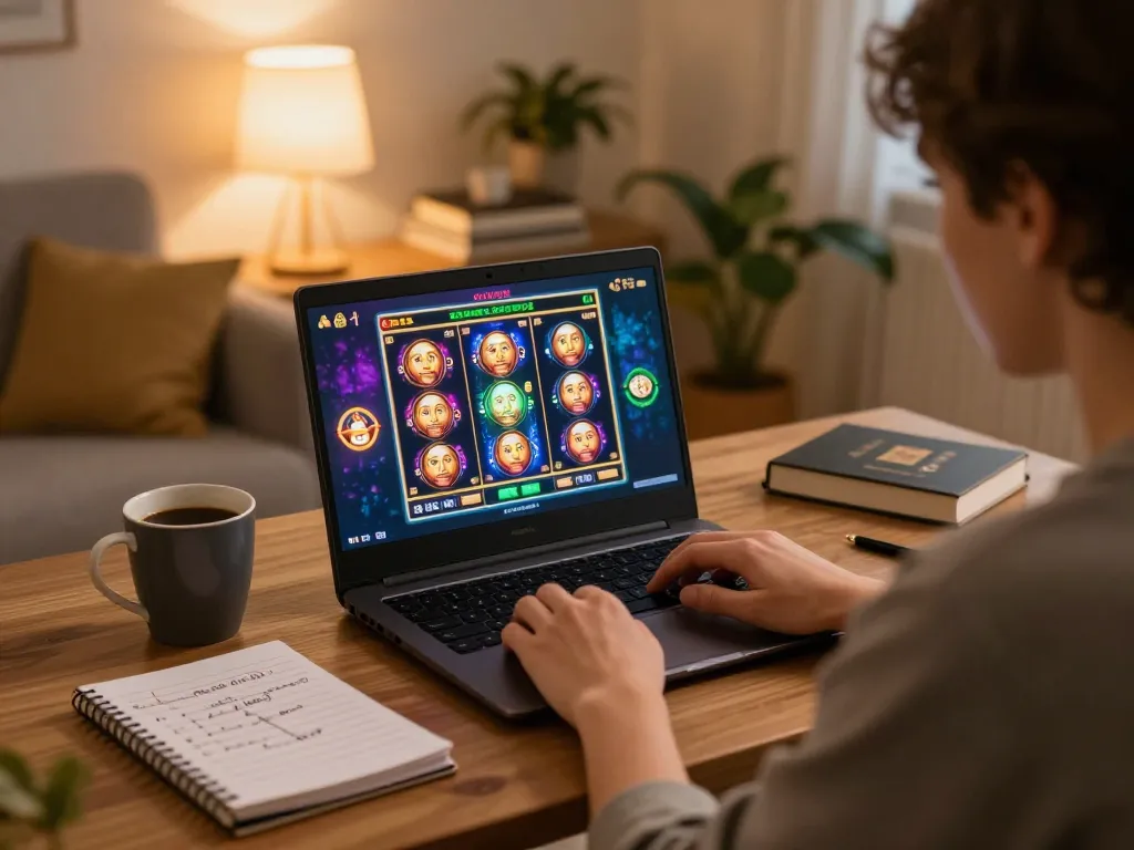 Engaged player enjoying online slots and practicing responsible gaming with votekindness principles