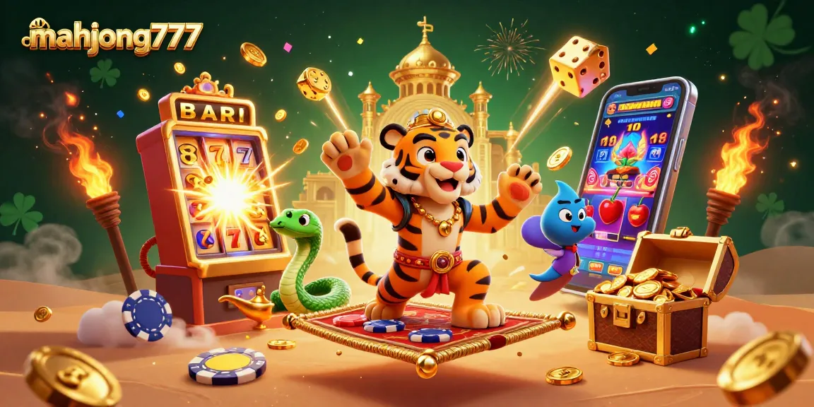 Experience mahjong777 magic with a vibrant scene bursting with gaming excitement and treasures.