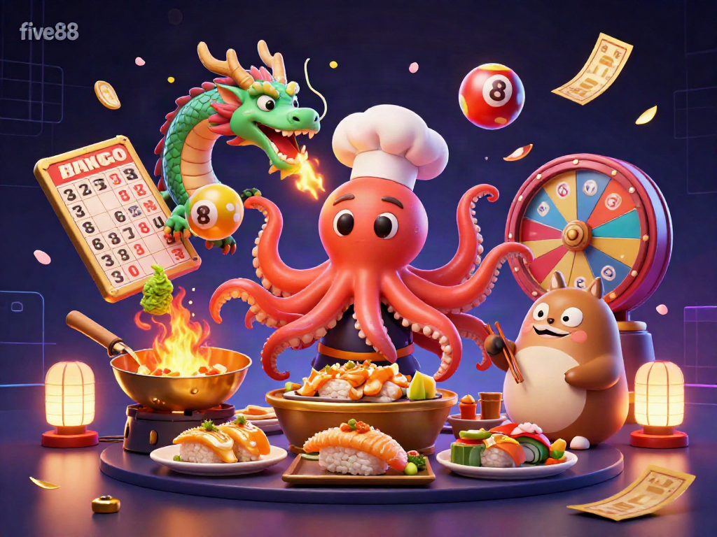 Experience fast-paced fun with five88 in this vibrant 3D casino scene of dynamic culinary delights and gaming excitement.