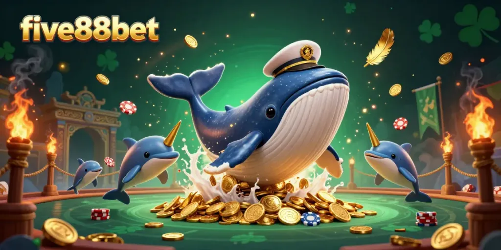 Experience thrilling gameplay at five88bet with a whale, narwhal, and playful dolphins in a vibrant casino scene.