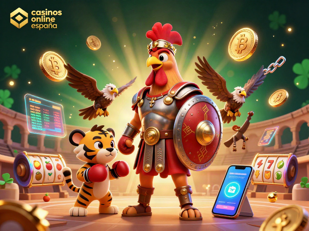 Juega en casinos online España y forma parte de la emoción del juego, con personajes gladiadores y elementos de casino.