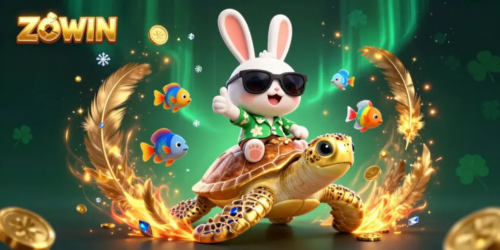 ZOWIN features a lucky rabbit and golden sea turtle amidst vibrant casino elements and fun decorations.